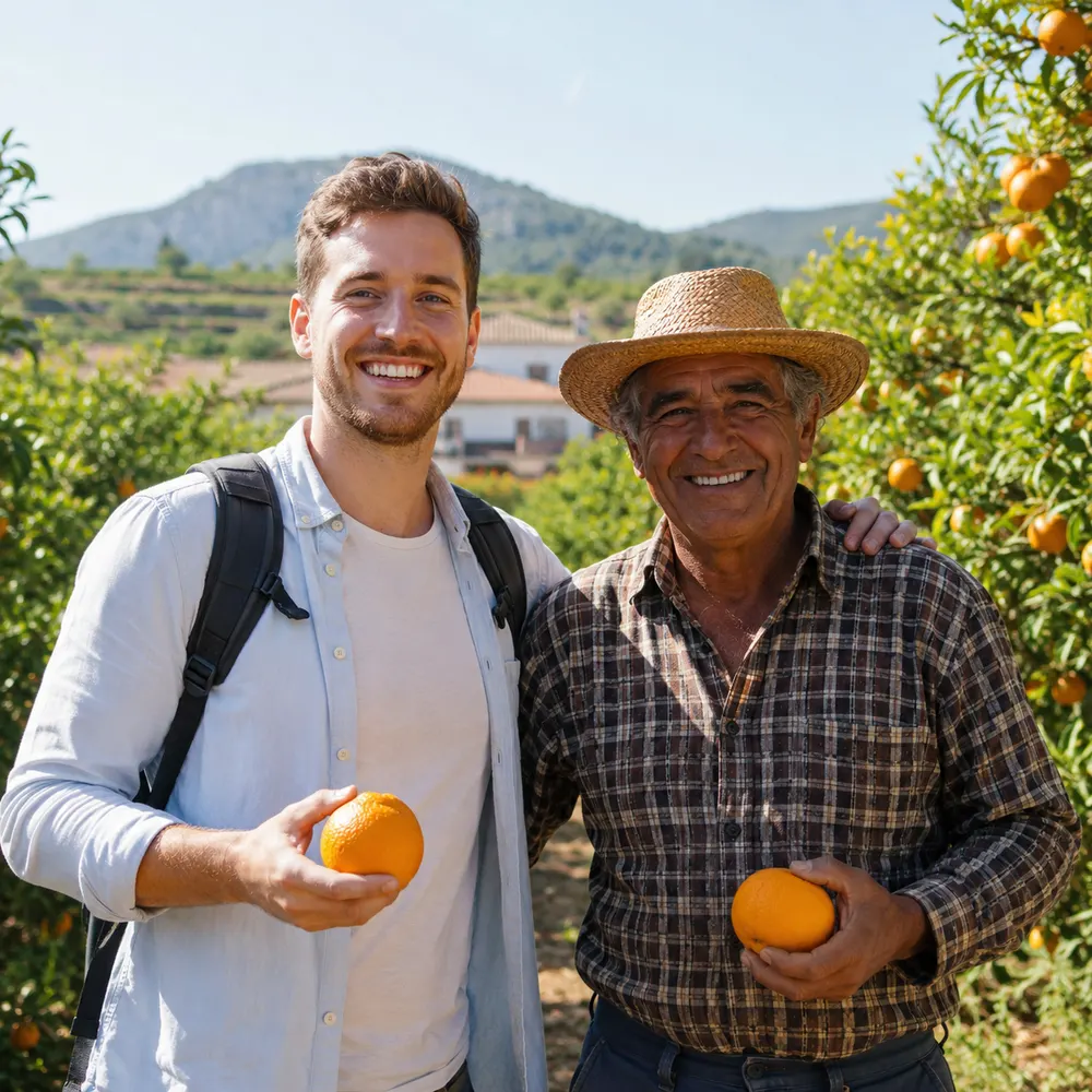 Happy traveller at a local orange farm